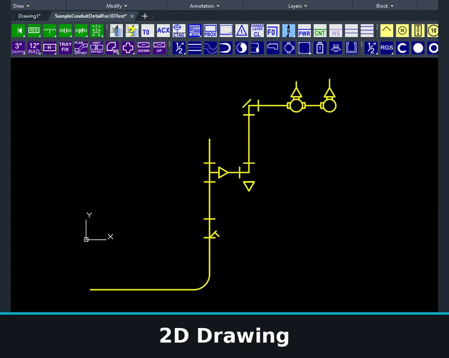 One conduit run in MED: the 2D drawing, the 3D model, and the material list