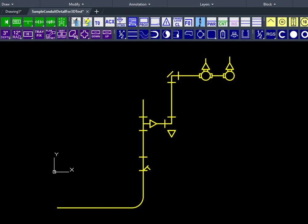 A conduit run drafted in 2D with MED in AutoCAD