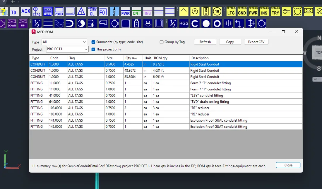 MED material list pulled from the drawing