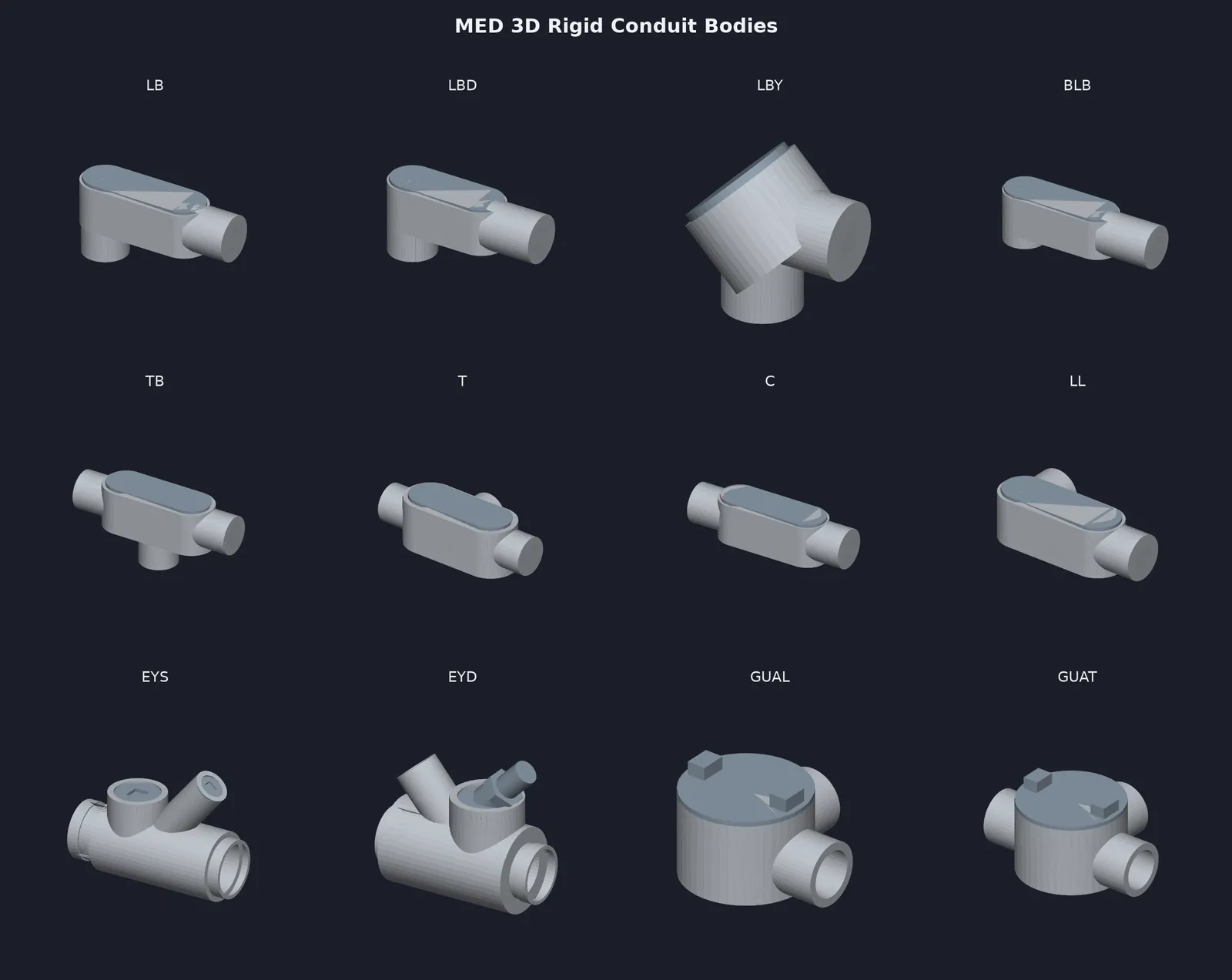 MED 3D rigid conduit bodies: LB, LBD, LBY, BLB, TB, T, C, LL, EYS, EYD, GUAL, GUAT