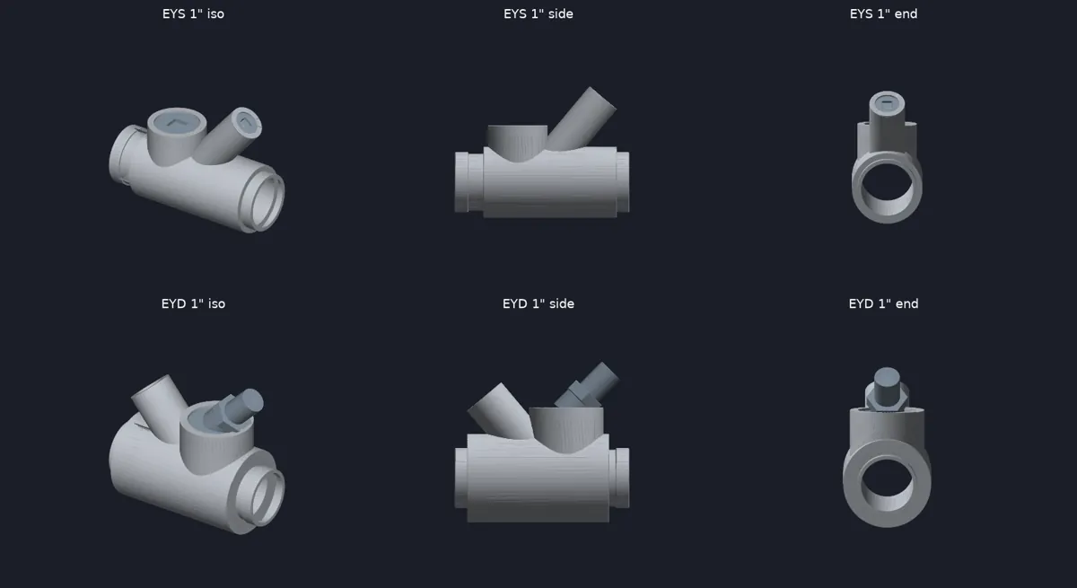 EYS and EYD sealing fittings modeled in 3D in several orientations